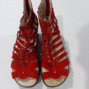 JAMBU Women's Red Leather Sugar Strappy Peep-Toe Back-Zipper Heel Sandals Sz 9